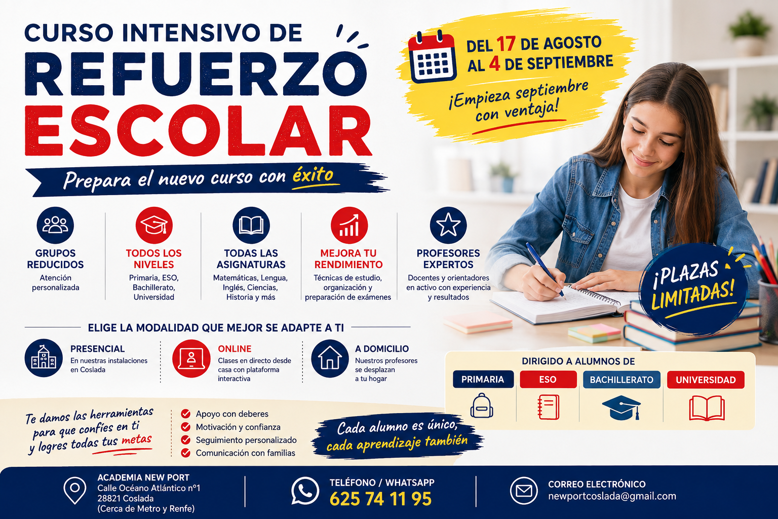 Curso intensivo de refuerzo escolar en Coslada para alumnos de Primaria, ESO, Bachillerato y Universidad