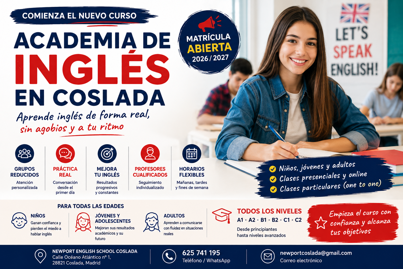 Cursos de inglés en Coslada para niños, jóvenes y adultos con matrícula abierta